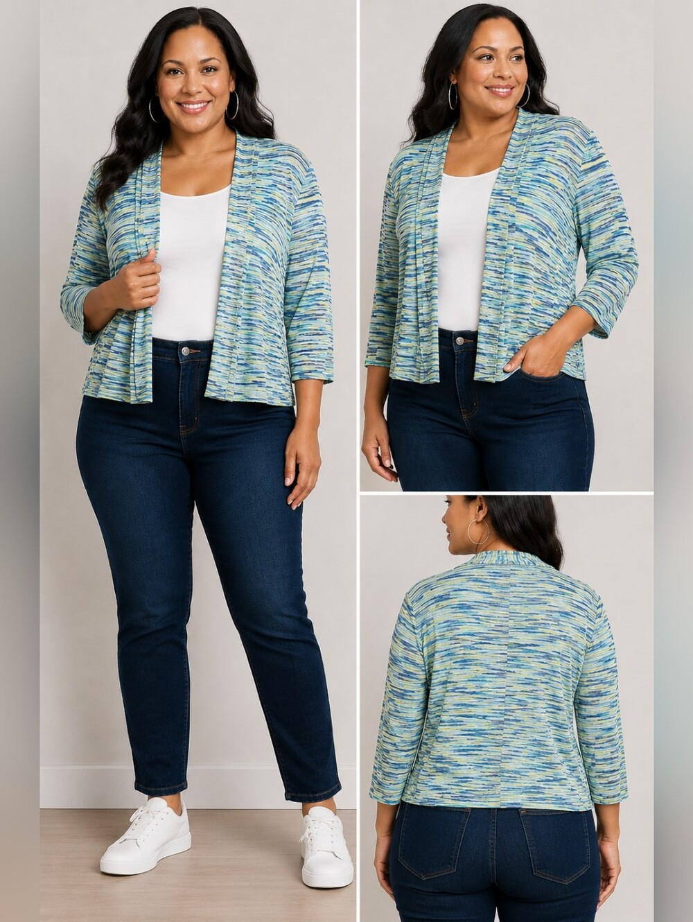 Lane Bryant Striped Open-Front Cardigan in Blue & Green Tones, (Lightweight)